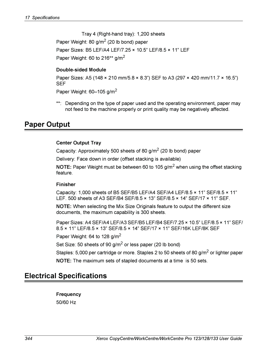 Xerox 604P18057 manual Paper Output, Electrical Specifications, Double-sided Module, Center Output Tray, Frequency 