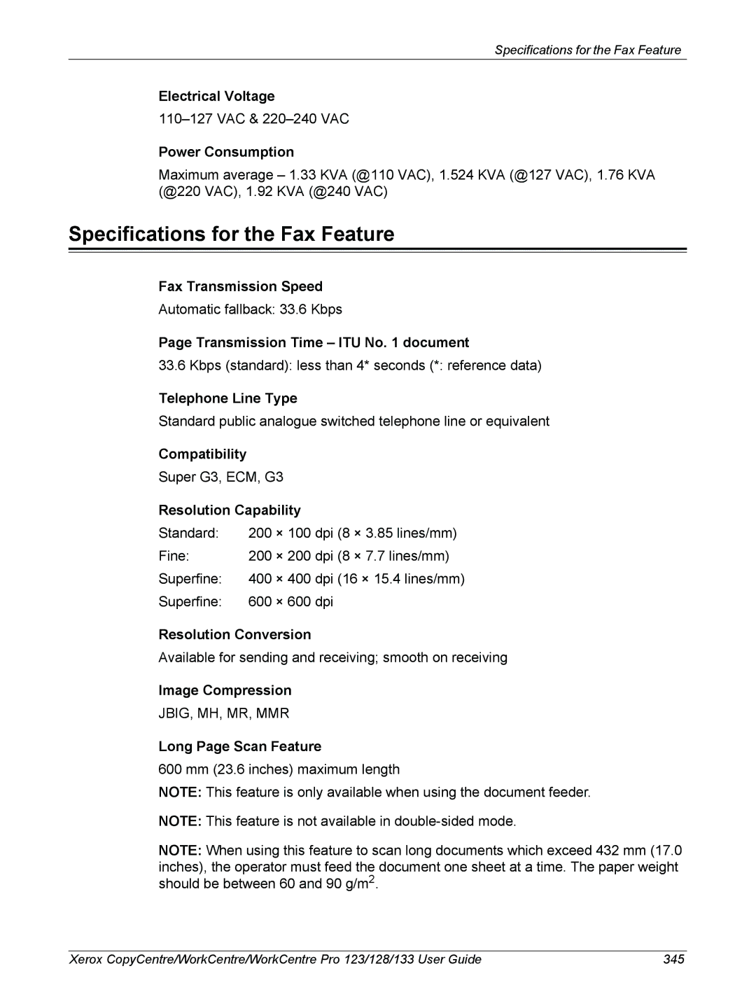 Xerox 604P18057 manual Specifications for the Fax Feature 