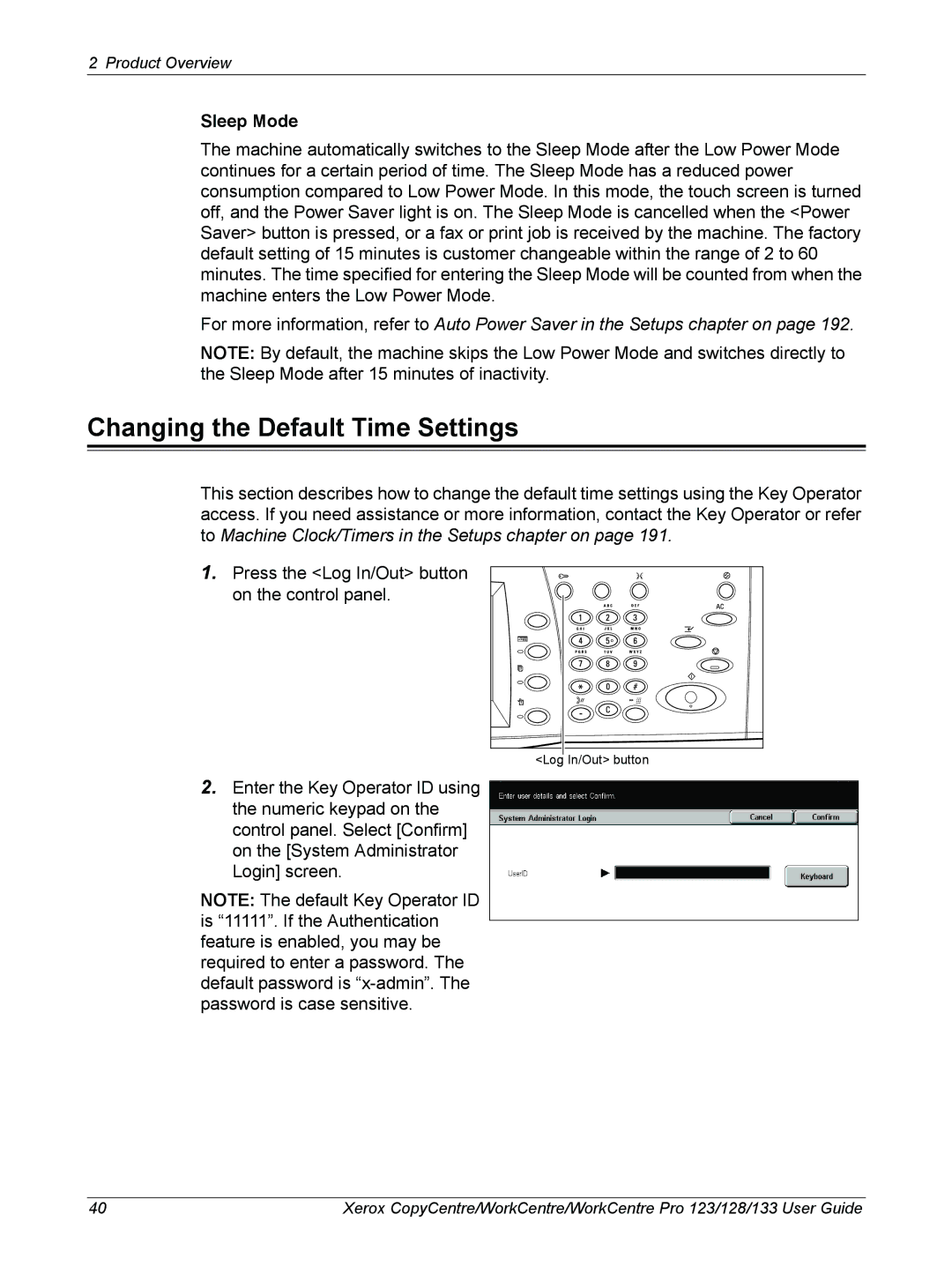 Xerox 604P18057 manual Changing the Default Time Settings, Sleep Mode 