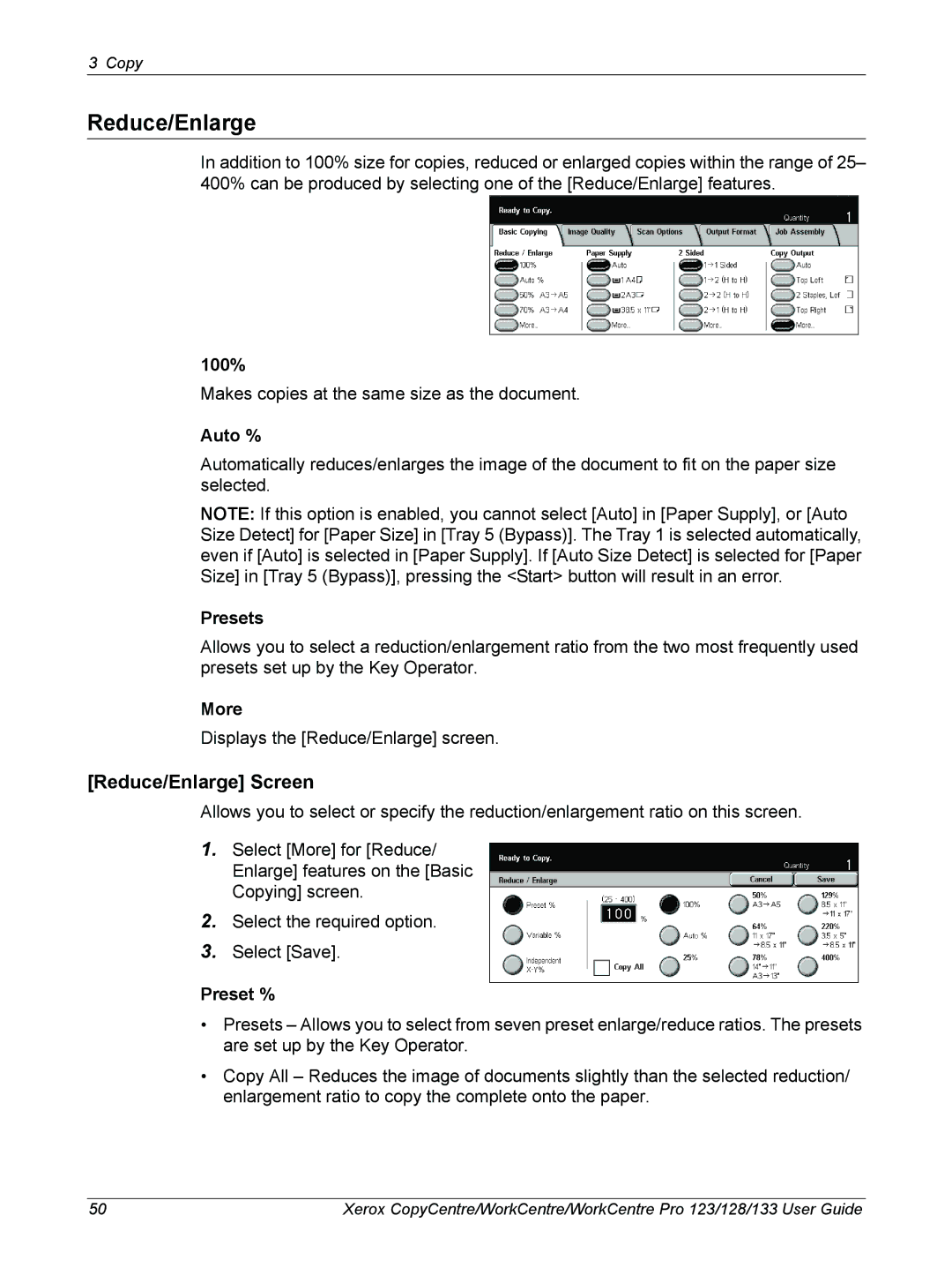 Xerox 604P18057 manual Reduce/Enlarge Screen 