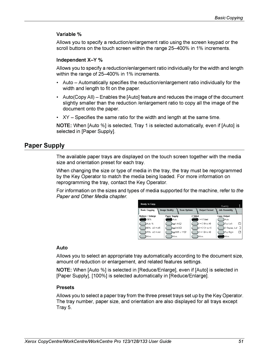 Xerox 604P18057 manual Paper Supply, Variable %, Independent X-Y %, Auto 