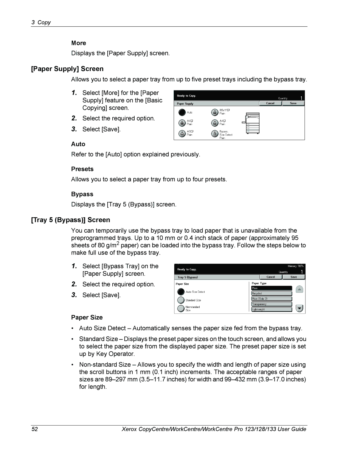 Xerox 604P18057 manual Paper Supply Screen, Tray 5 Bypass Screen, Paper Size 