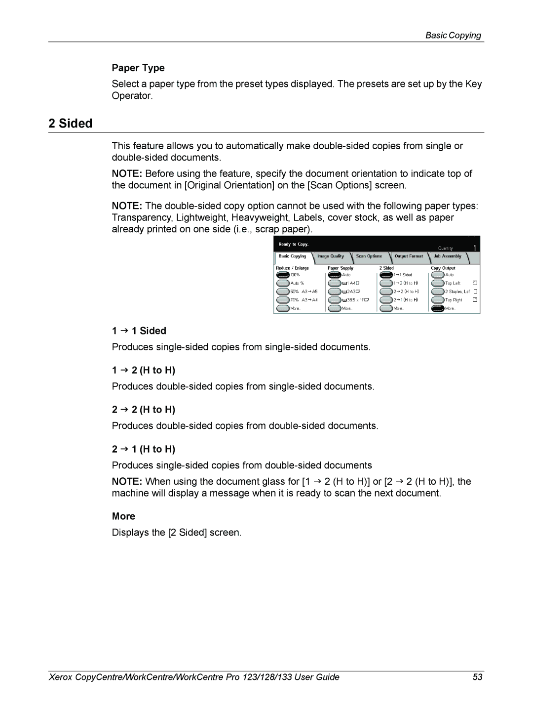 Xerox 604P18057 manual Sided, Paper Type, H to H 