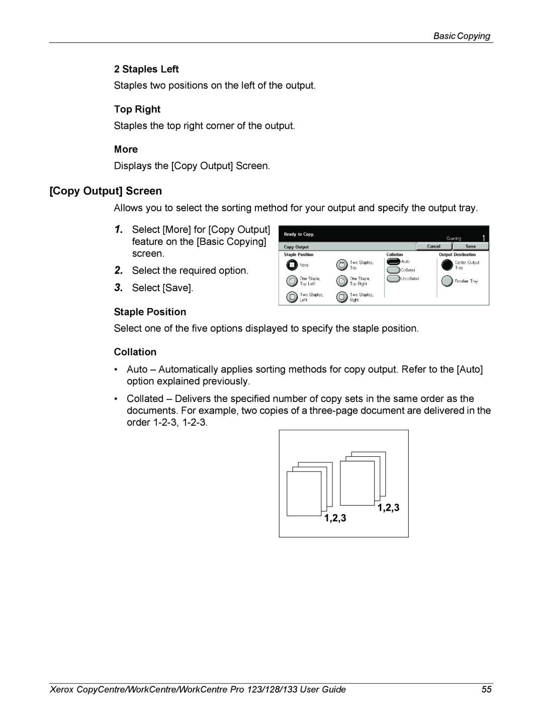 Xerox 604P18057 manual Copy Output Screen, Staples Left, Top Right, Staple Position, Collation 