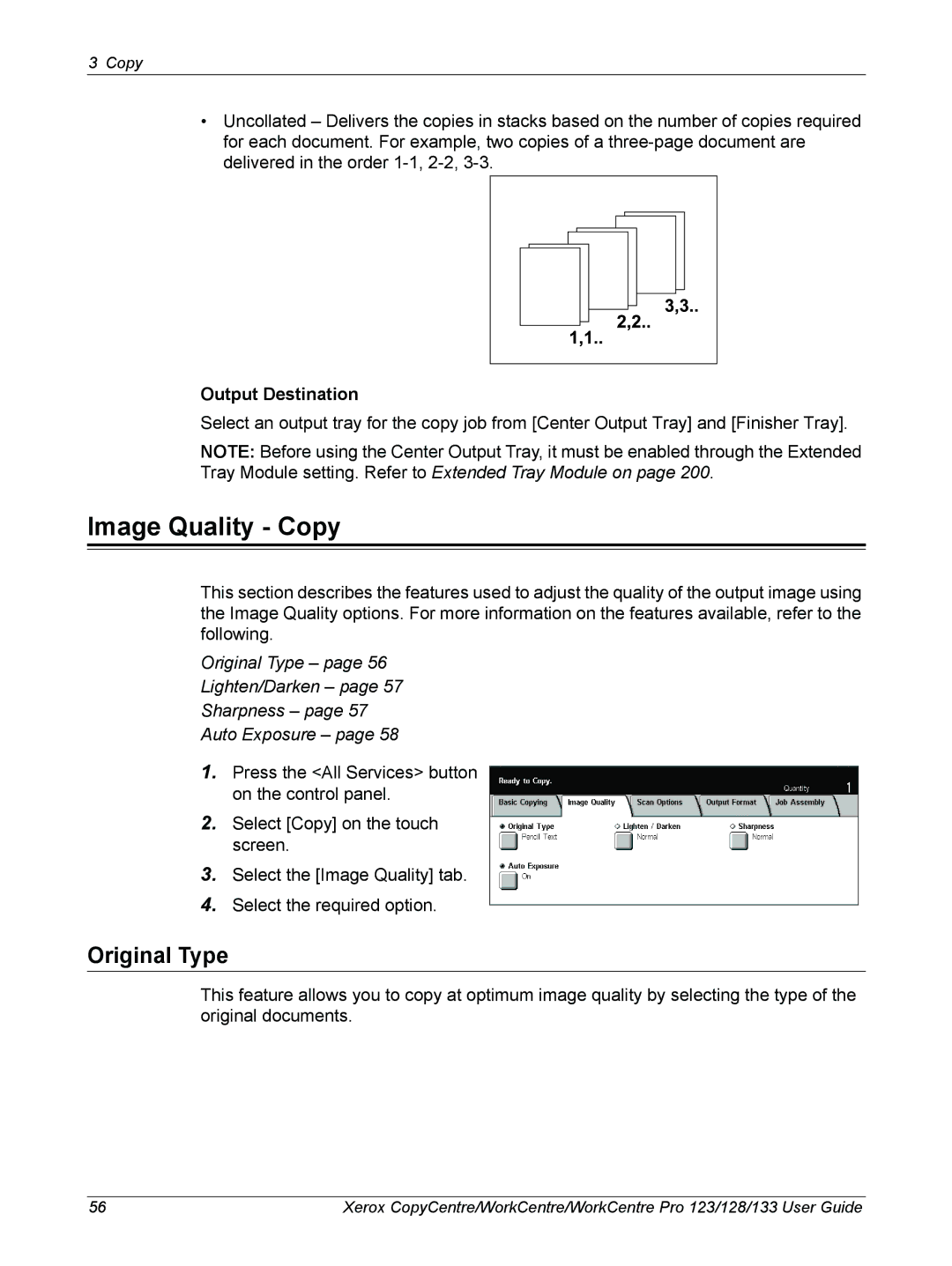 Xerox 604P18057 manual Image Quality Copy, Original Type, Output Destination 