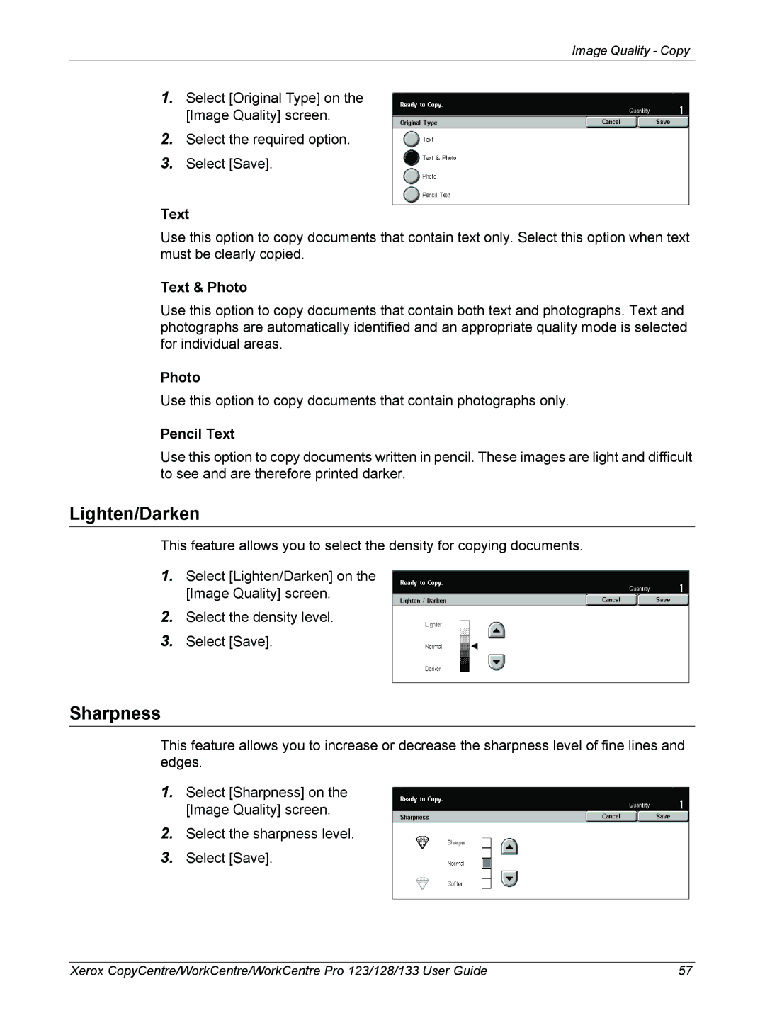 Xerox 604P18057 manual Lighten/Darken, Sharpness 