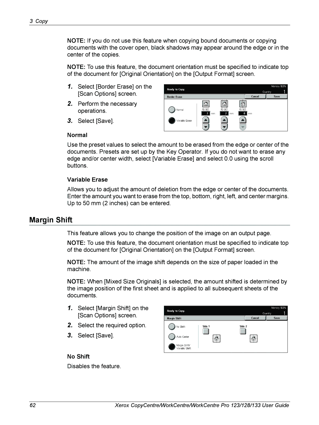 Xerox 604P18057 manual Margin Shift, Normal, Variable Erase, No Shift 