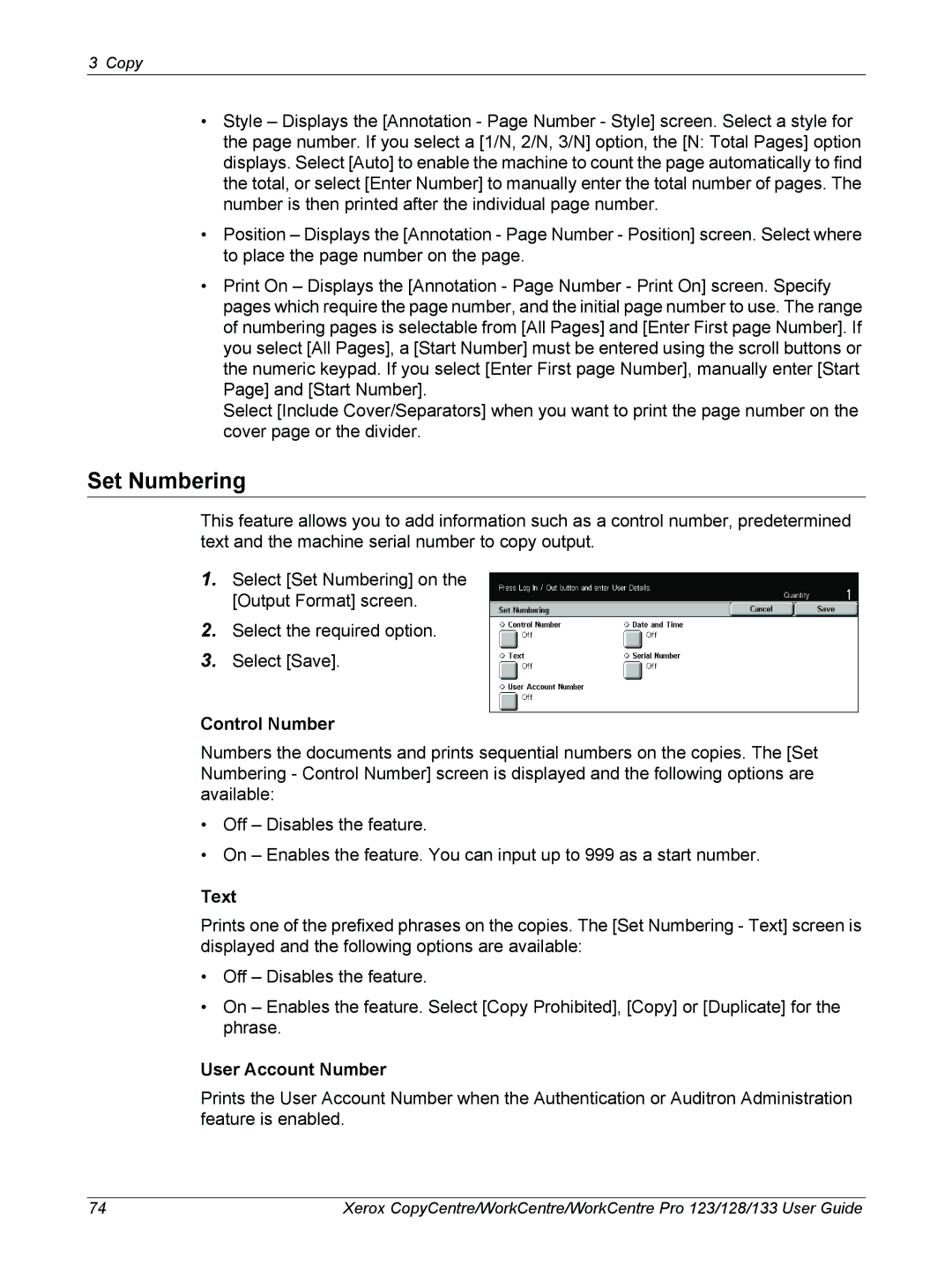 Xerox 604P18057 manual Set Numbering, Control Number, User Account Number 