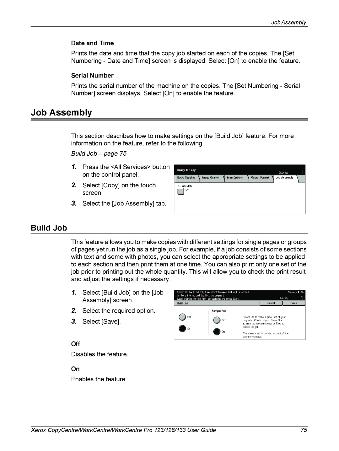 Xerox 604P18057 manual Job Assembly, Build Job, Date and Time, Serial Number 