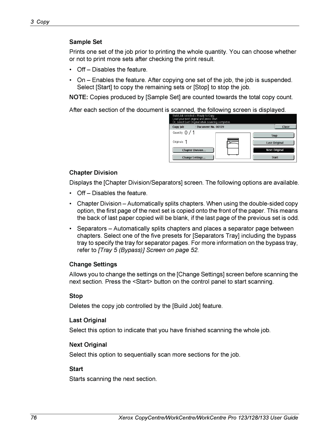 Xerox 604P18057 manual Sample Set, Chapter Division, Change Settings, Stop, Last Original, Next Original, Start 