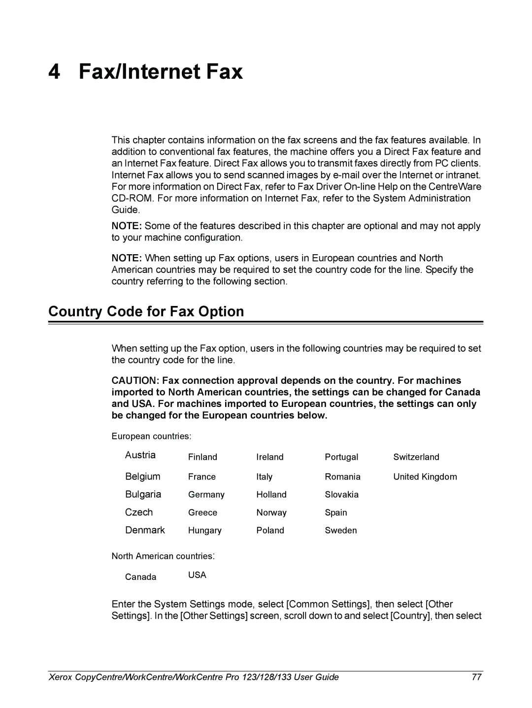 Xerox 604P18057 manual Fax/Internet Fax, Country Code for Fax Option 