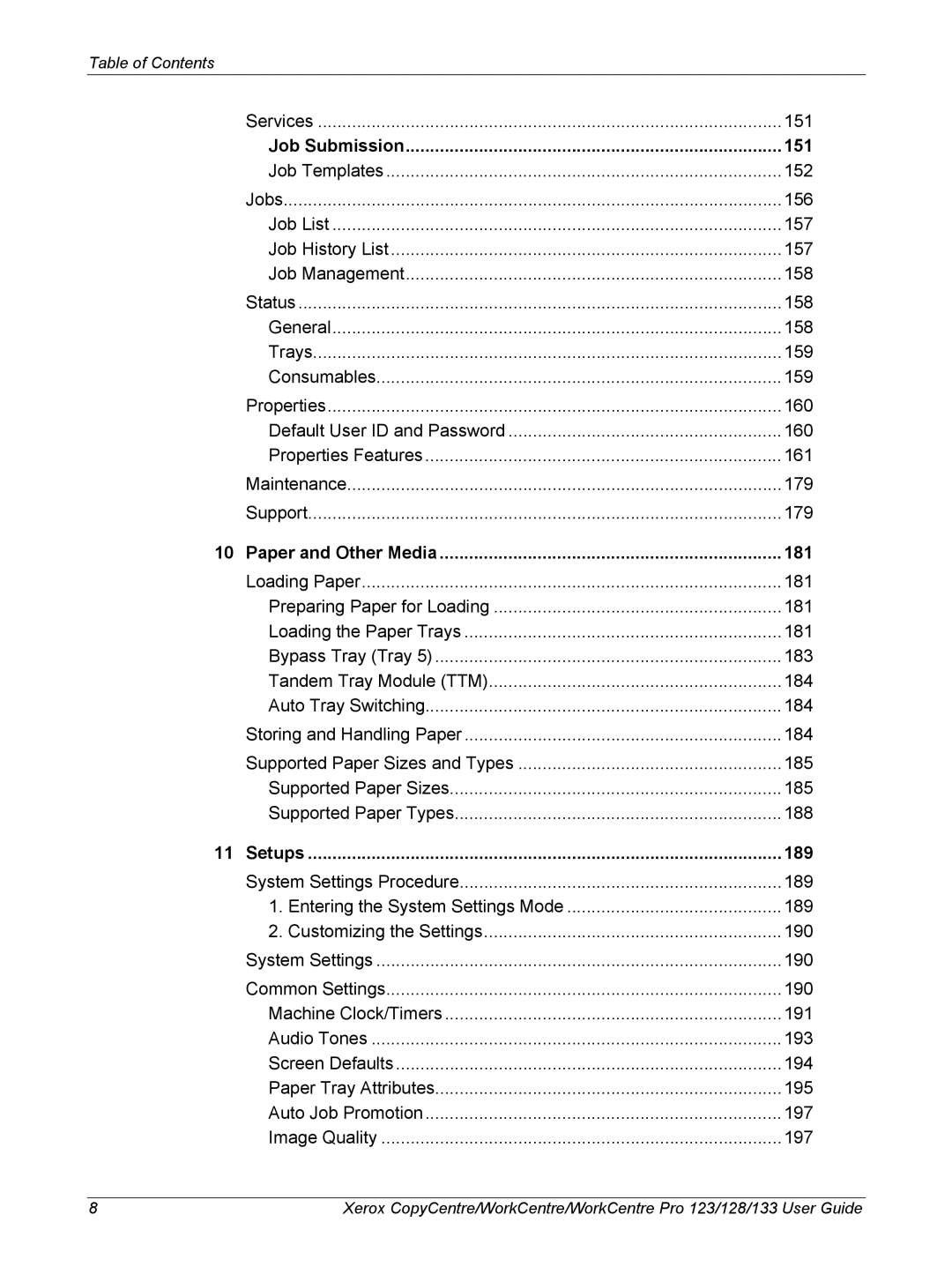 Xerox 604P18057 manual Job Submission 151, Paper and Other Media 181, Setups 189 