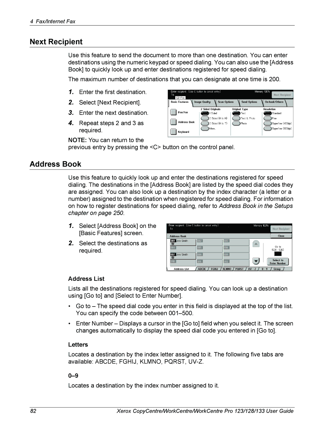 Xerox 604P18057 manual Next Recipient, Address Book, Address List, Letters 