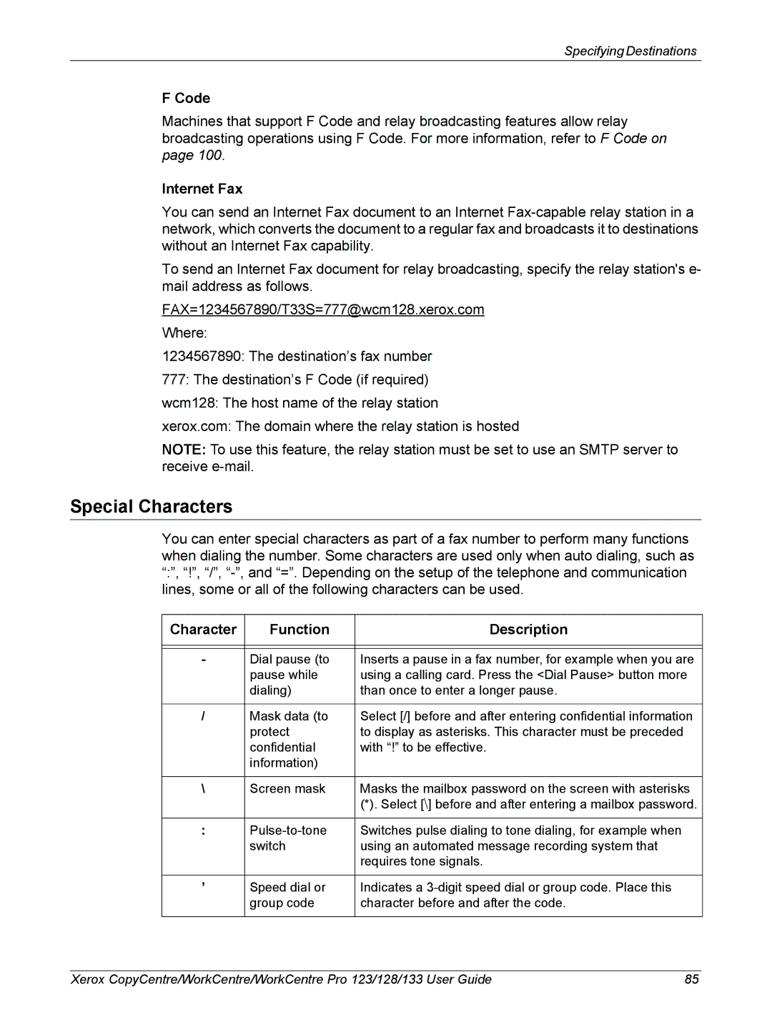 Xerox 604P18057 manual Special Characters, Code, Character Function Description 