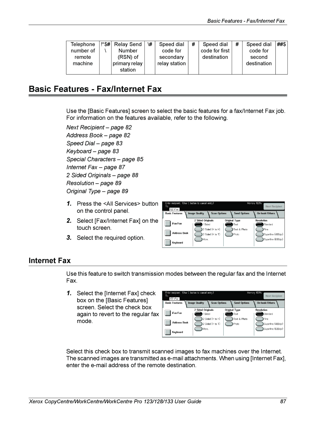 Xerox 604P18057 manual Basic Features Fax/Internet Fax 