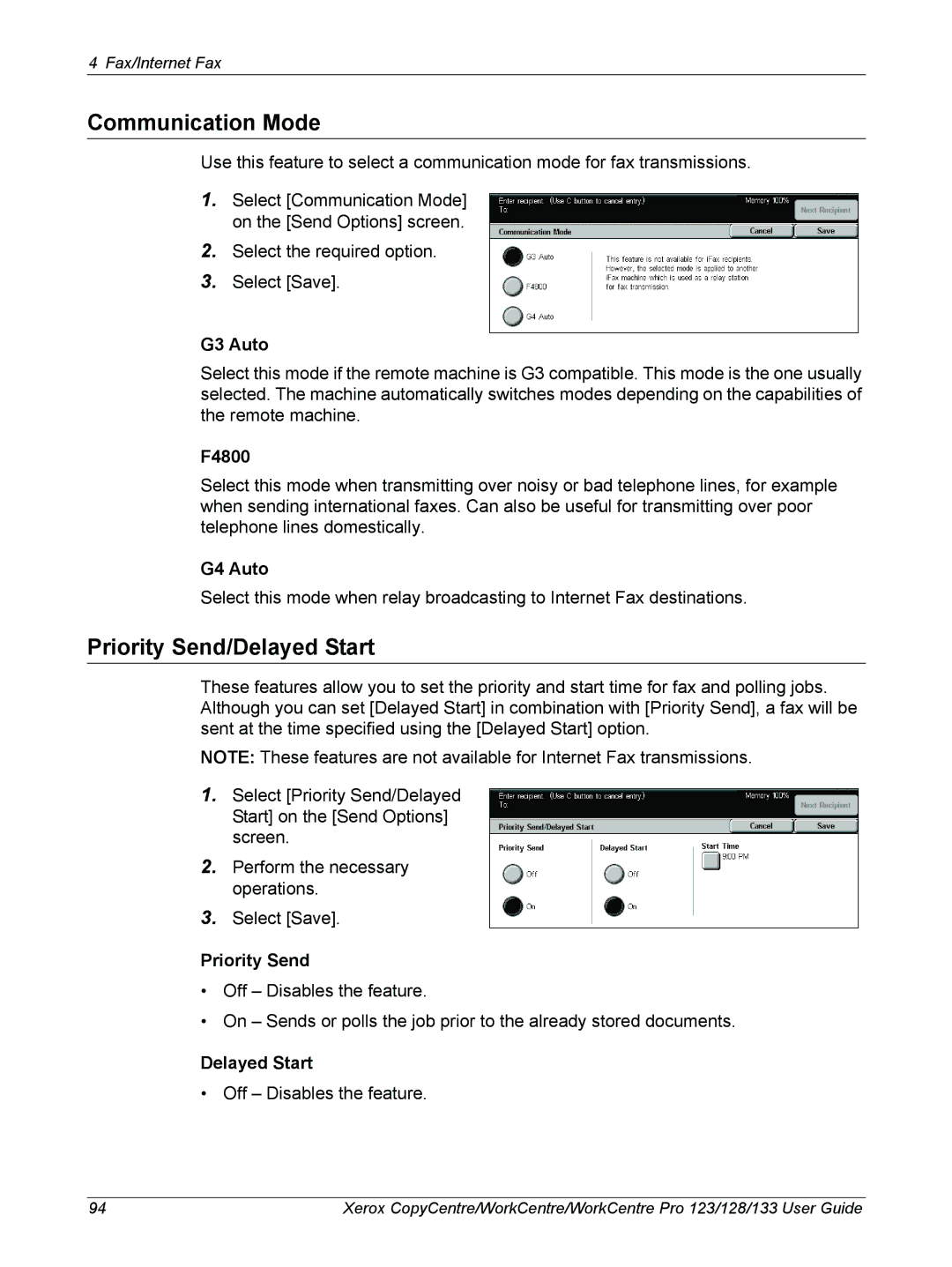 Xerox 604P18057 manual Communication Mode, Priority Send/Delayed Start 