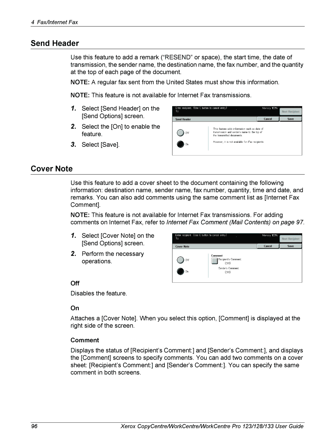 Xerox 604P18057 manual Send Header, Cover Note, Comment 