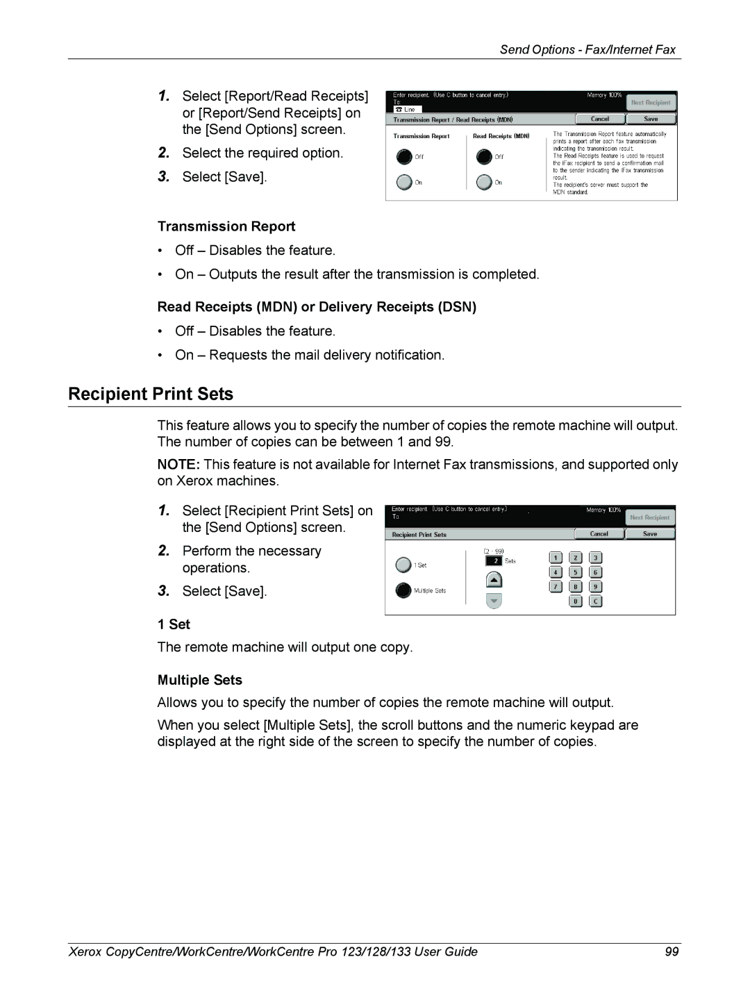 Xerox 604P18057 manual Recipient Print Sets, Transmission Report, Read Receipts MDN or Delivery Receipts DSN, Multiple Sets 