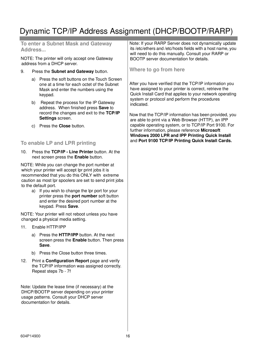 Xerox 604S14200 To enter a Subnet Mask and Gateway Address, To enable LP and LPR printing, Where to go from here 