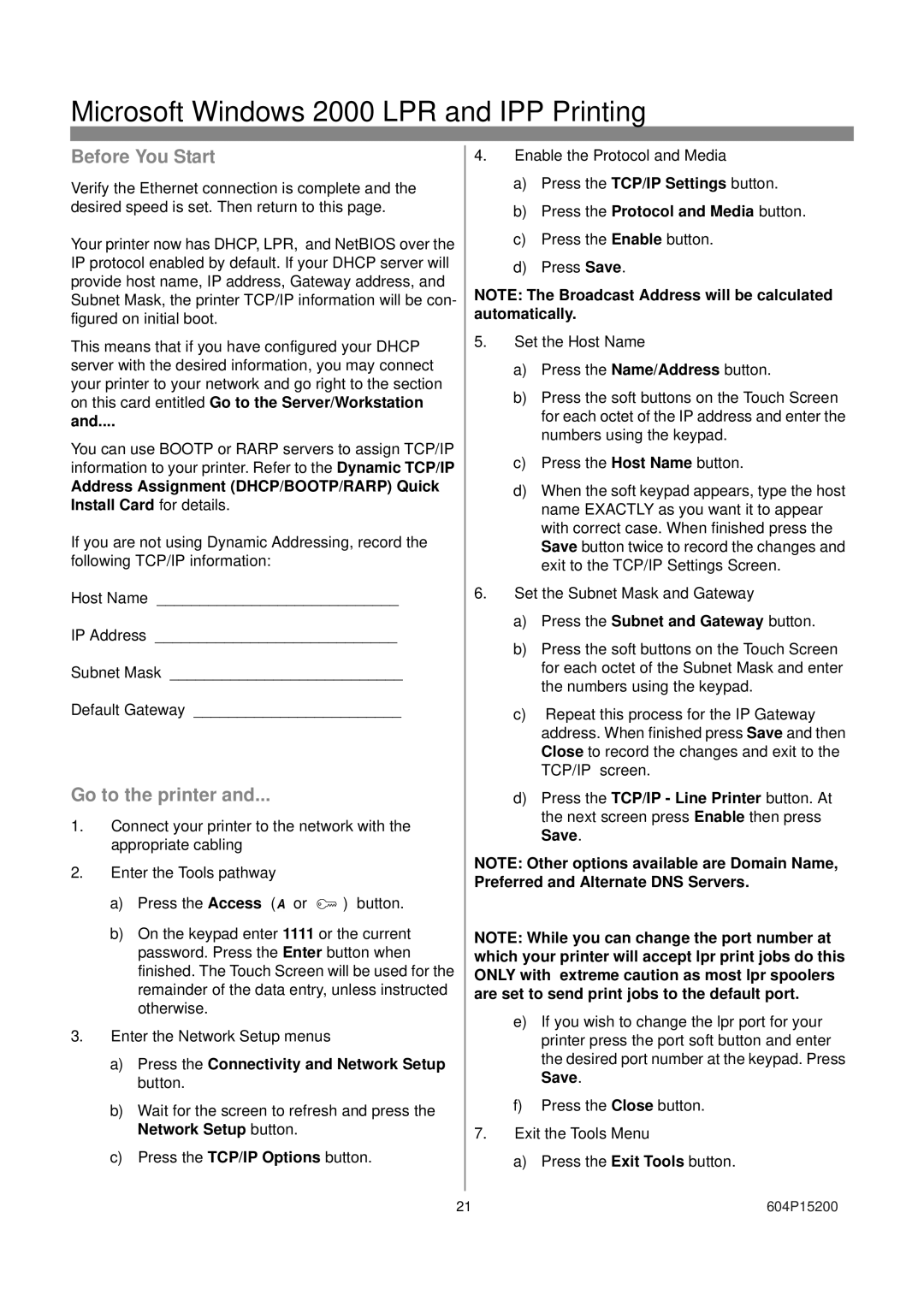 Xerox 604S14200 installation instructions Microsoft Windows 2000 LPR and IPP Printing 