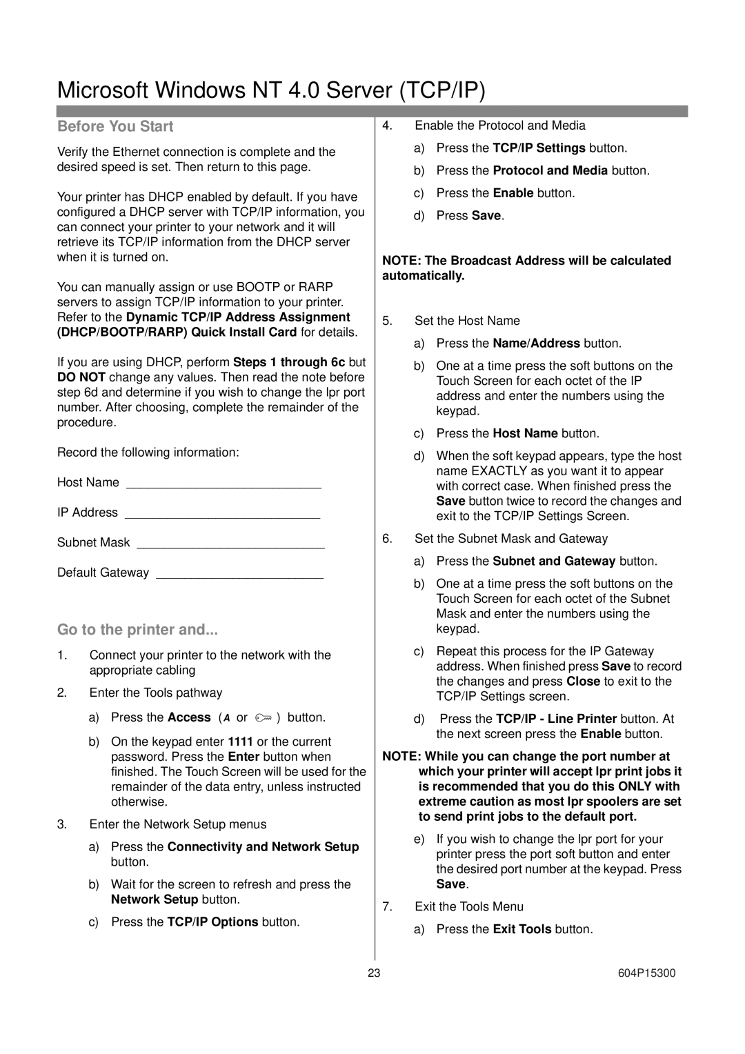 Xerox 604S14200 installation instructions Microsoft Windows NT 4.0 Server TCP/IP 