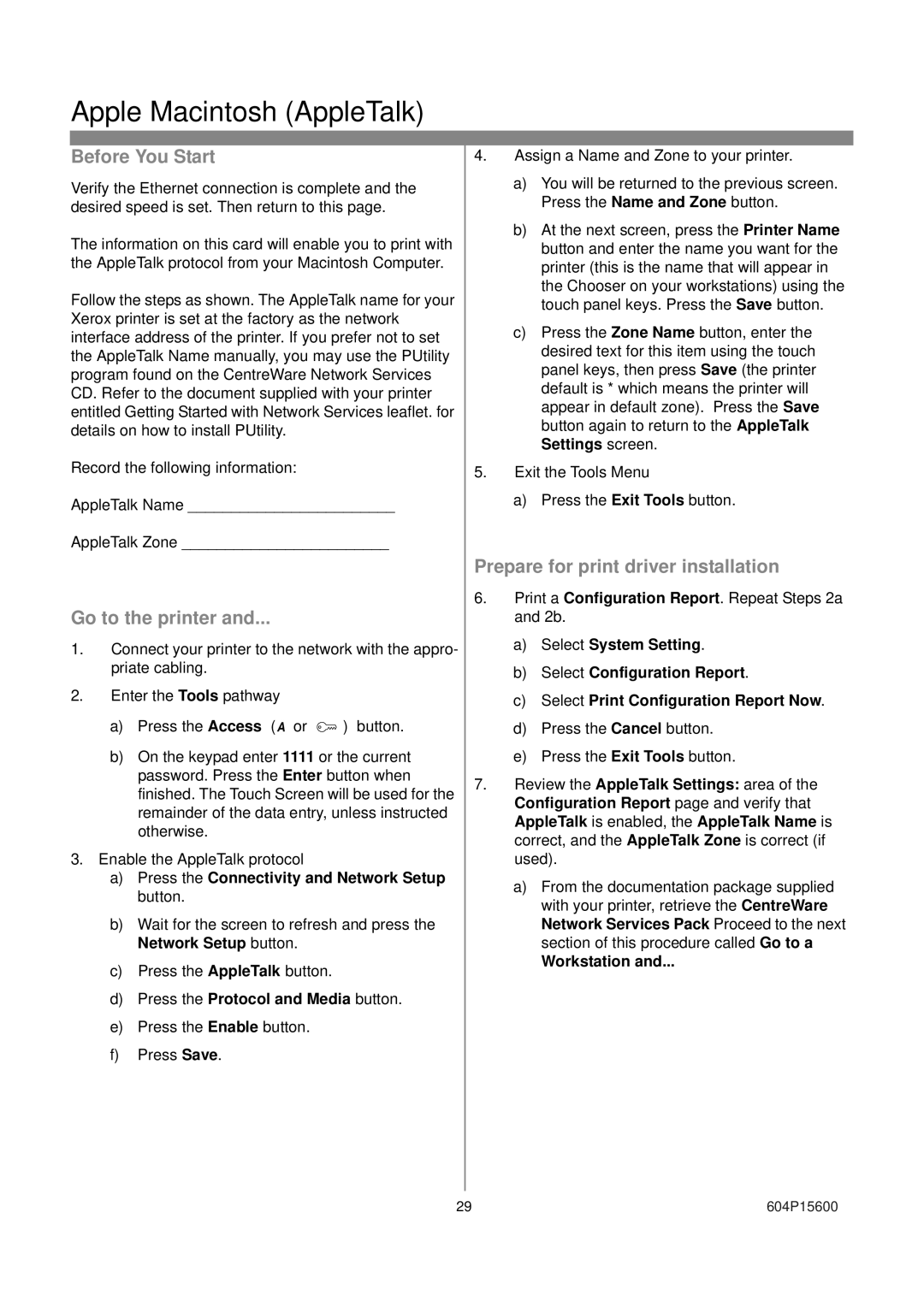 Xerox 604S14200 installation instructions Apple Macintosh AppleTalk, Prepare for print driver installation 