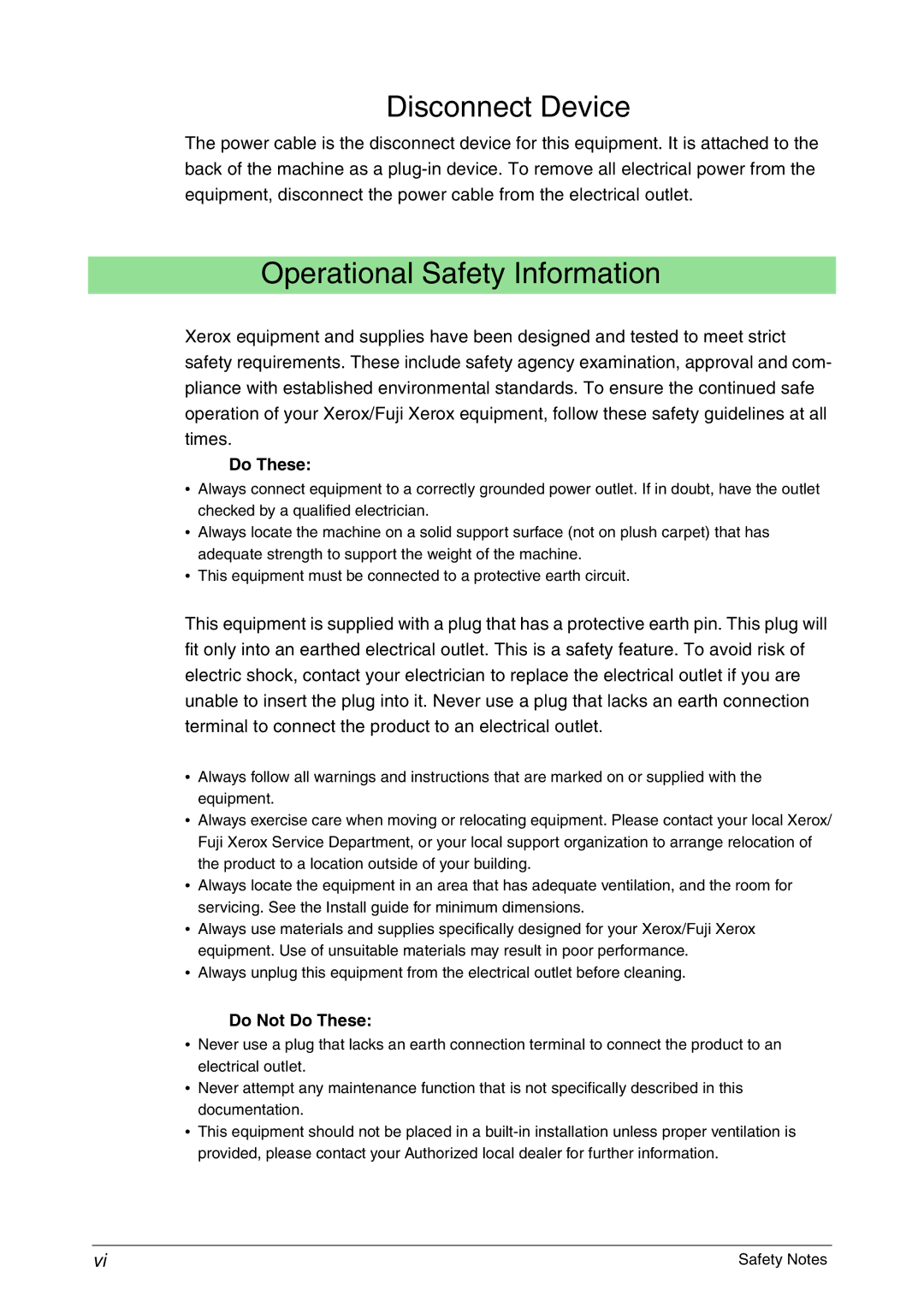 Xerox 6050A, 6030 manual Disconnect Device, Operational Safety Information 