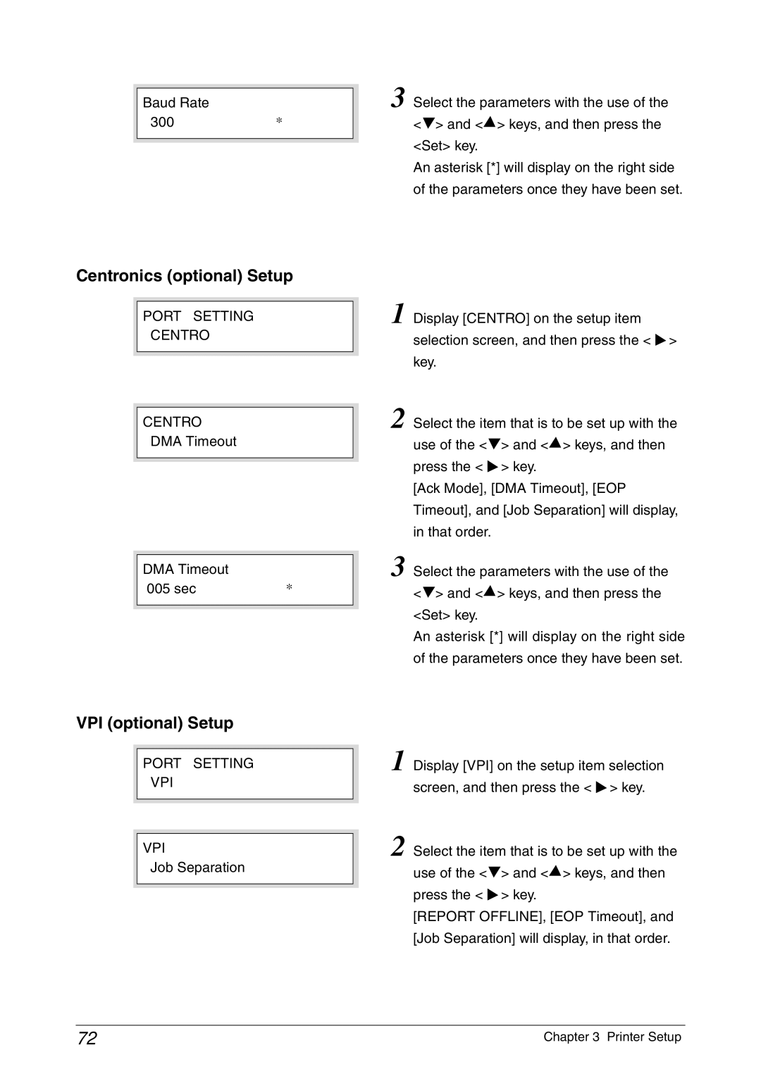 Xerox 6050A Centronics optional Setup, VPI optional Setup, Port Setting Centro, DMA Timeout 005 sec, Port Setting VPI 