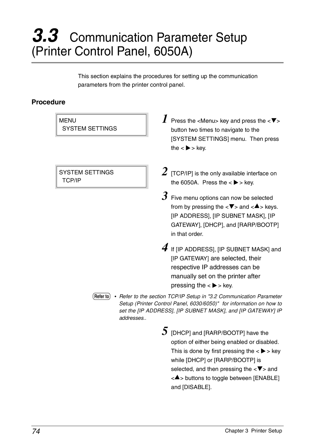 Xerox 6030 Communication Parameter Setup Printer Control Panel, 6050A, Menu System Settings, System Settings TCP/IP 