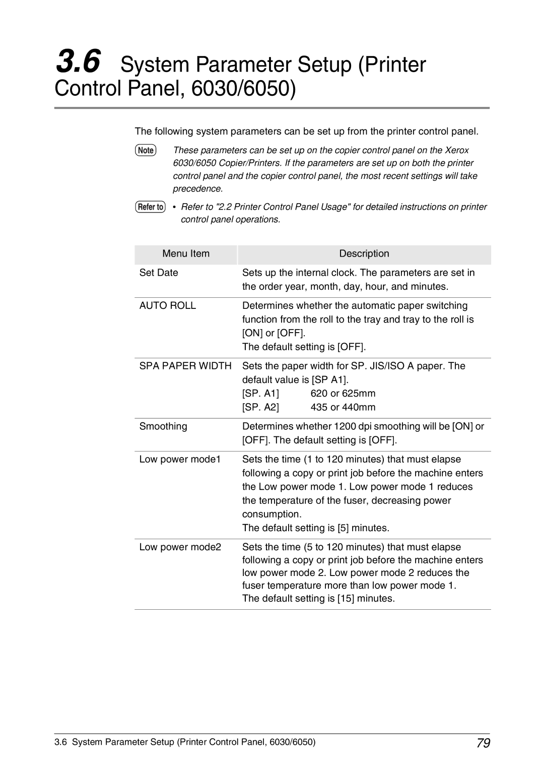 Xerox 6050A manual System Parameter Setup Printer Control Panel, 6030/6050, Auto Roll, SPA Paper Width 