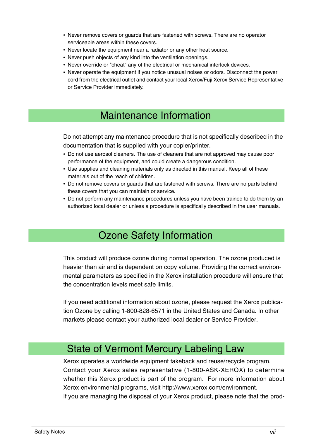 Xerox 6030, 6050A manual Maintenance Information, Ozone Safety Information, State of Vermont Mercury Labeling Law 