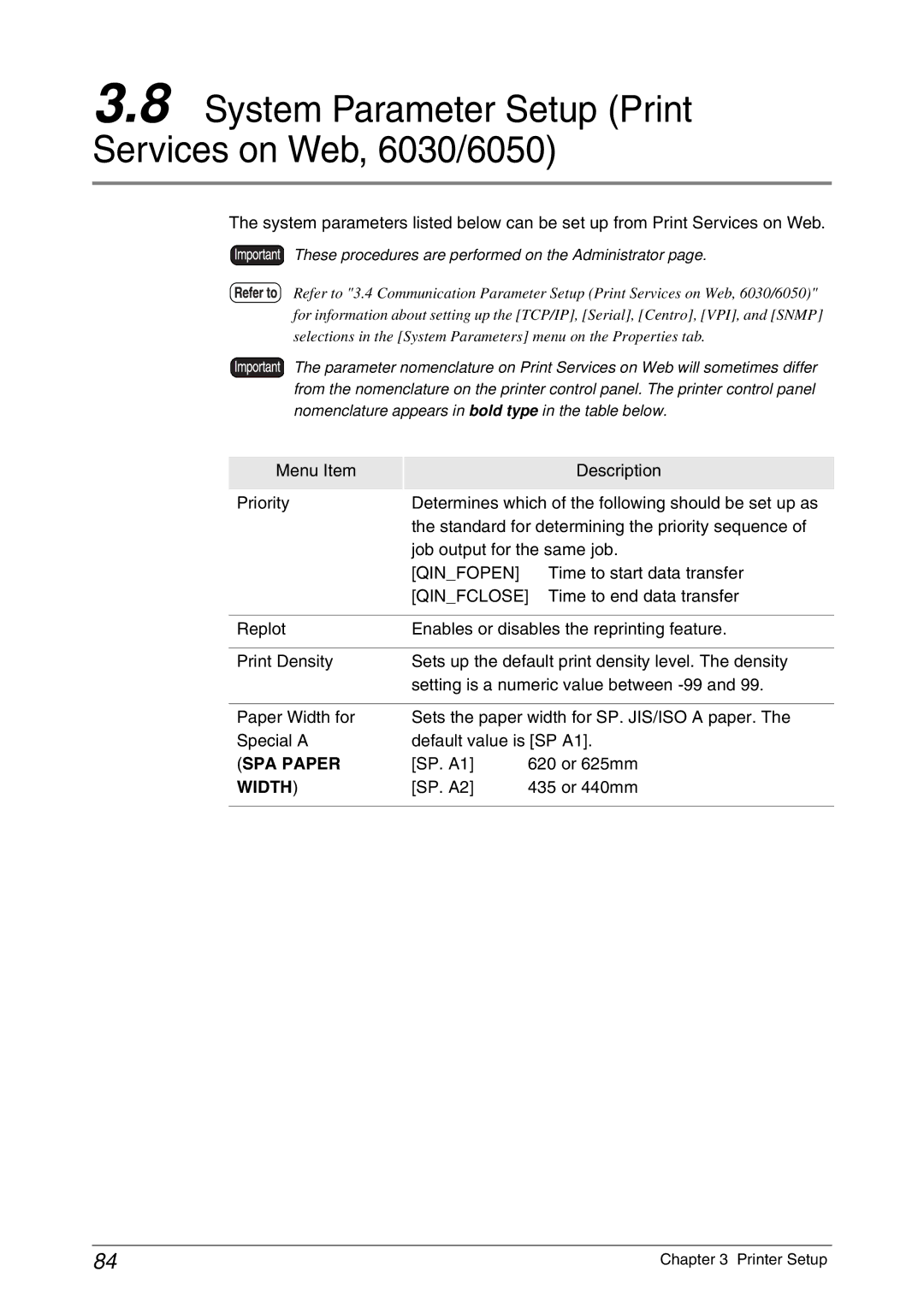 Xerox 6050A manual System Parameter Setup Print Services on Web, 6030/6050, Qinfopen 