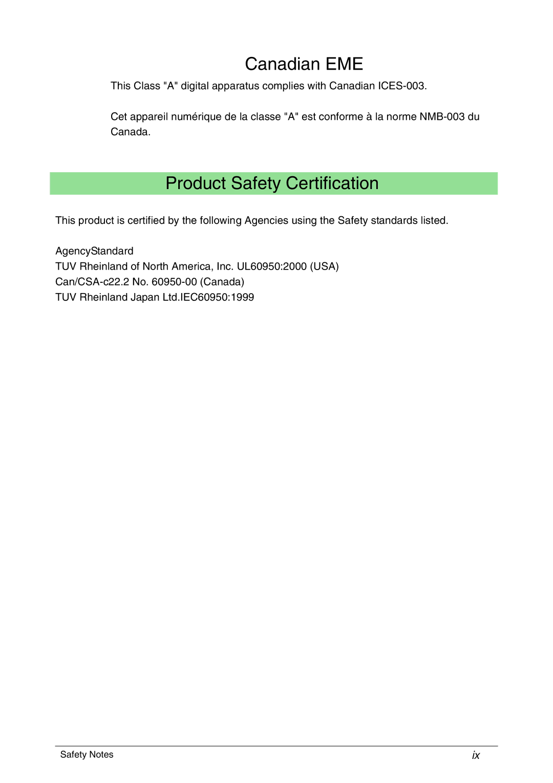 Xerox 6050A, 6030 manual Canadian EME, Product Safety Certification 