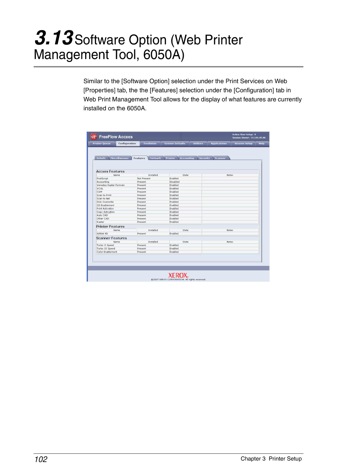 Xerox 6030 manual Software Option Web Printer Management Tool, 6050A, 102 