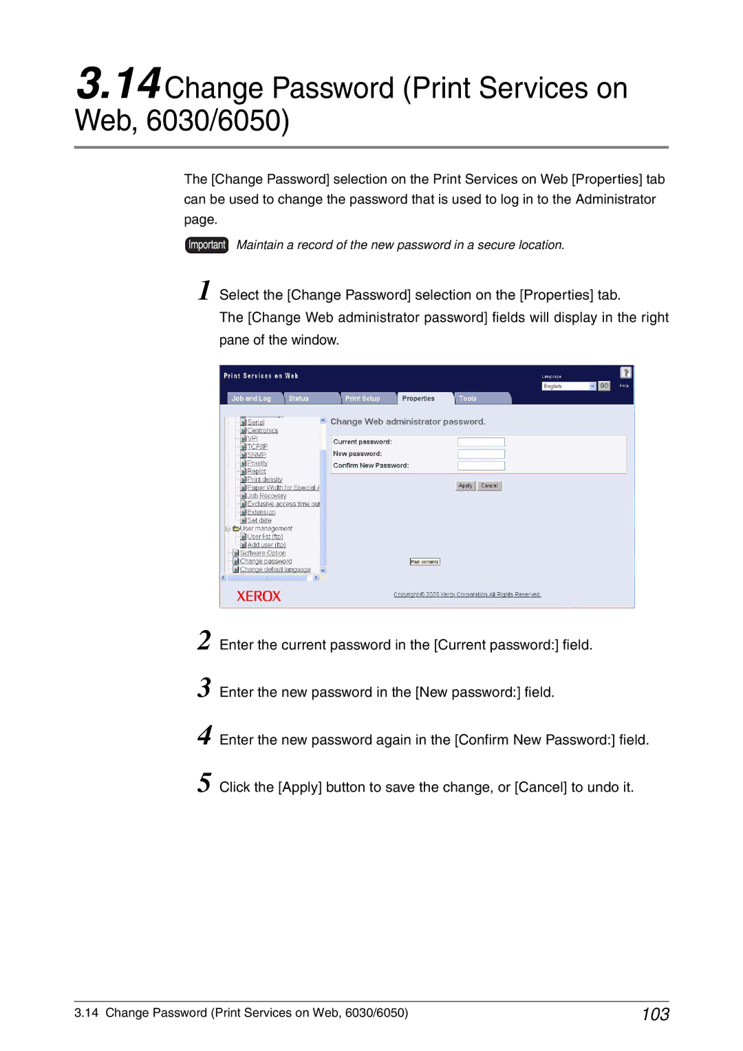 Xerox 6050A manual Change Password Print Services on Web, 6030/6050, 103 