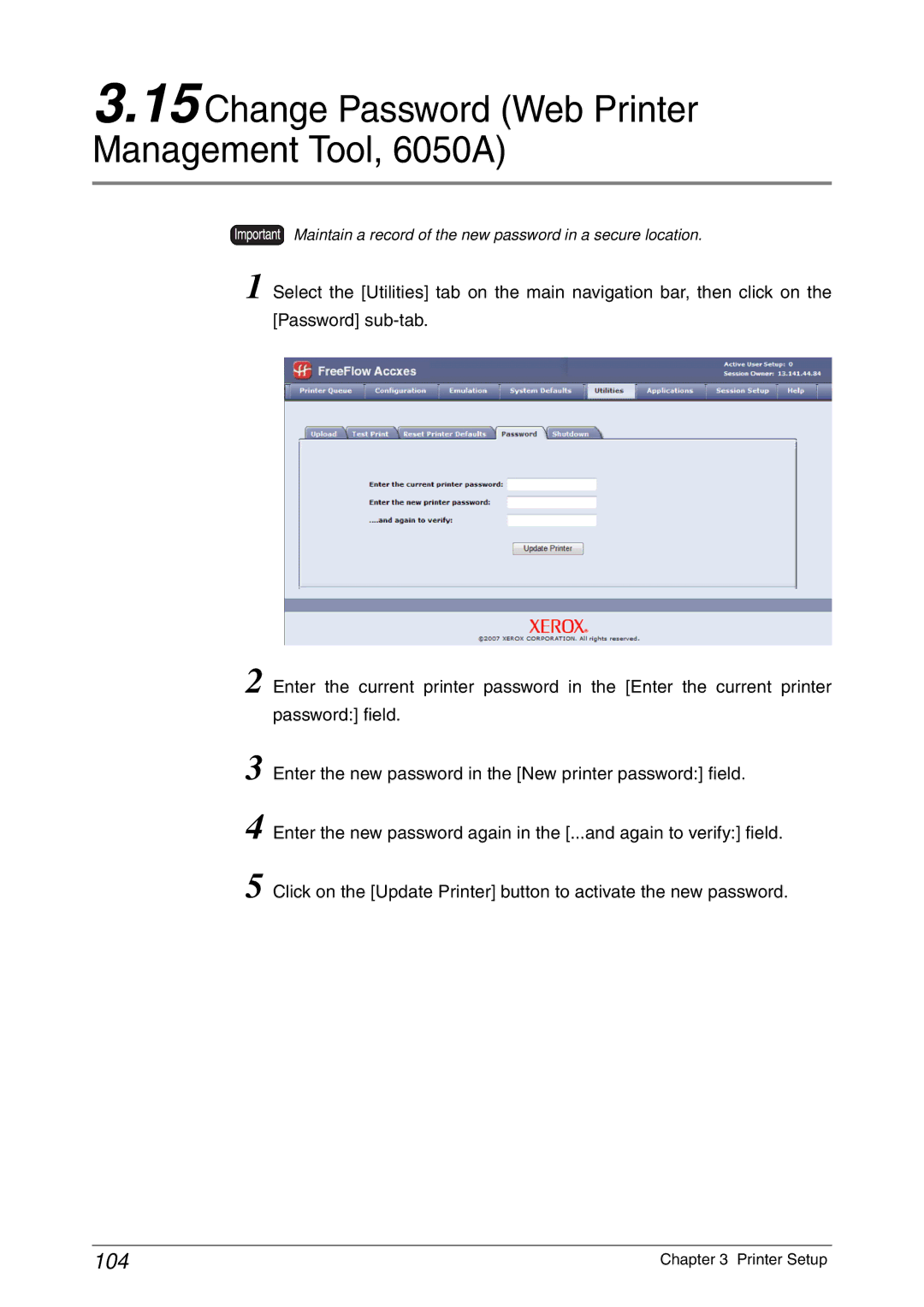 Xerox 6030 manual Change Password Web Printer Management Tool, 6050A, 104 