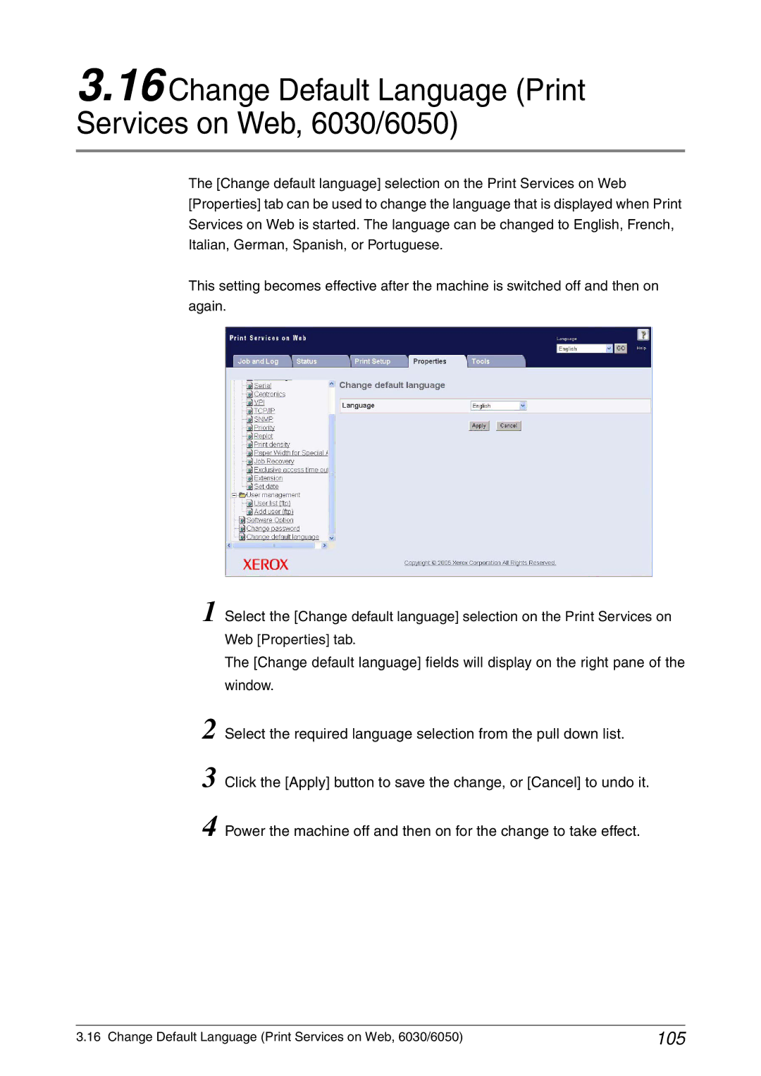 Xerox 6050A manual Change Default Language Print Services on Web, 6030/6050, 105 