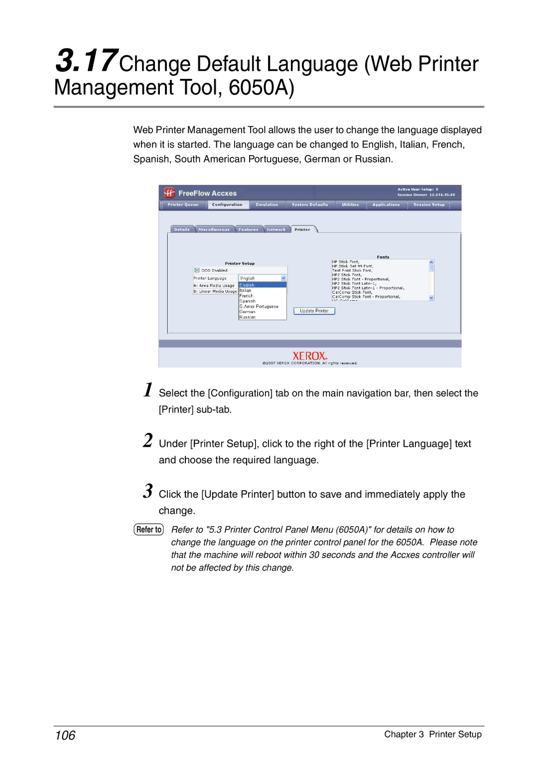 Xerox 6030 manual Change Default Language Web Printer Management Tool, 6050A, 106 