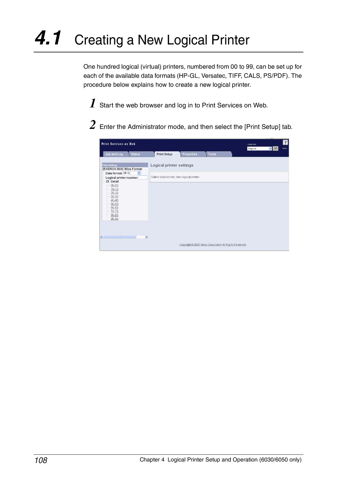 Xerox 6050A, 6030 manual Creating a New Logical Printer, 108 