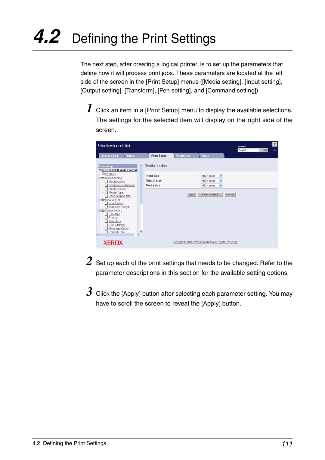 Xerox 6050A, 6030 manual Defining the Print Settings, 111 