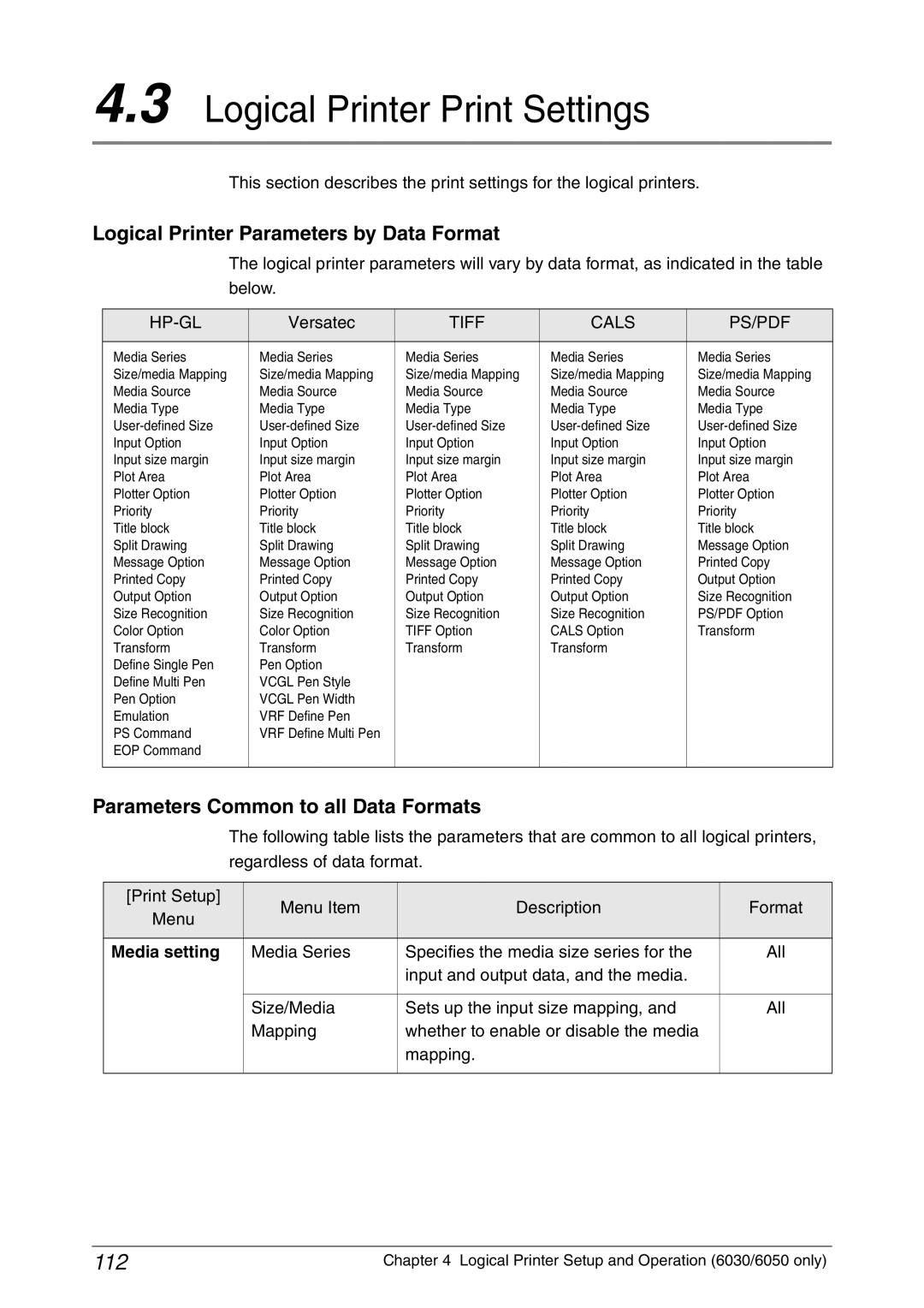 Xerox 6030, 6050A manual Logical Printer Print Settings, 112, Logical Printer Parameters by Data Format 