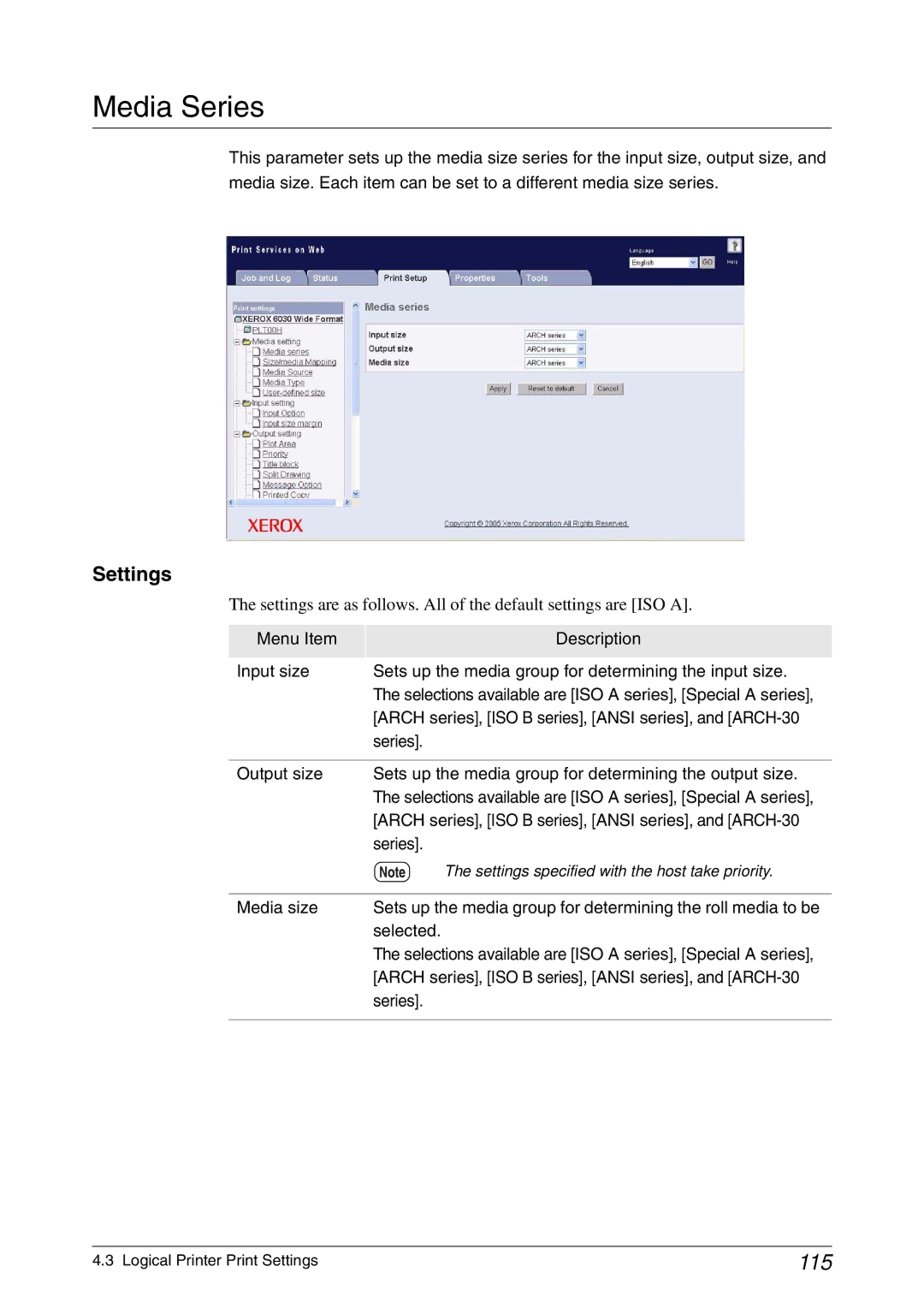 Xerox 6030, 6050A manual Media Series, 115, Settings, Arch series, ISO B series, Ansi series, and ARCH-30 
