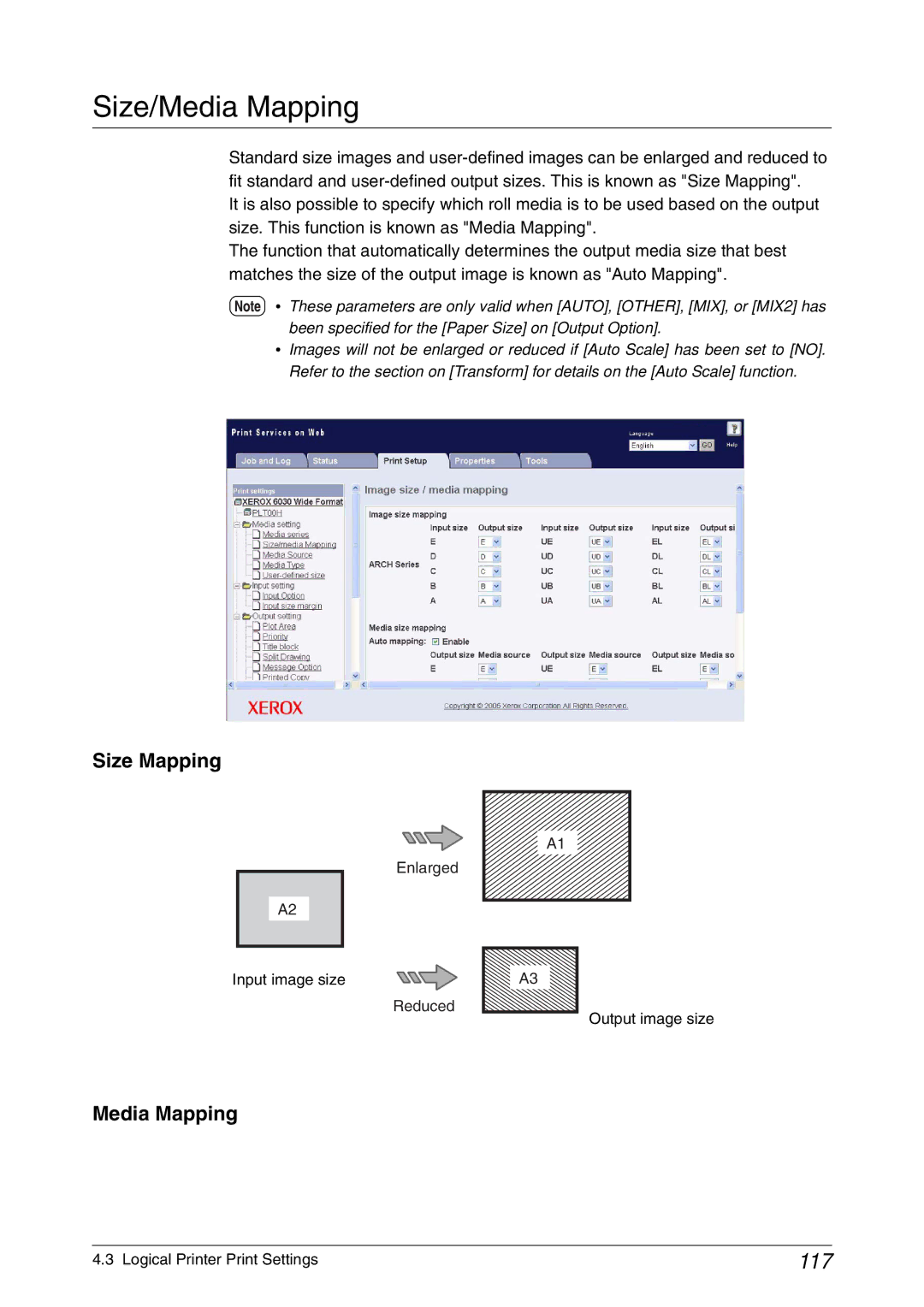 Xerox 6050A, 6030 manual Size/Media Mapping, 117 