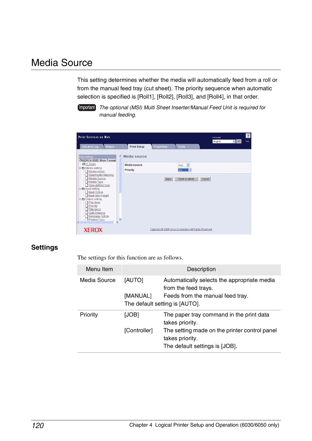 Xerox 6050A, 6030 manual Media Source, 120, Manual, Job 