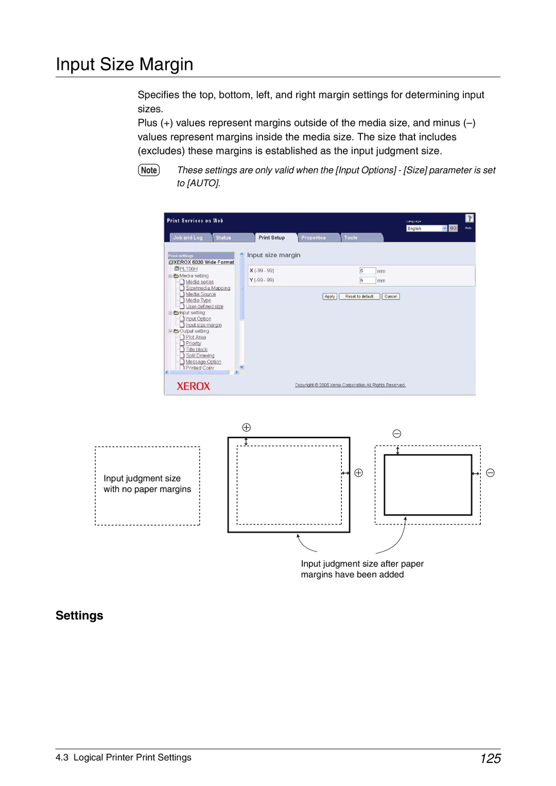 Xerox 6050A, 6030 manual Input Size Margin, 125 