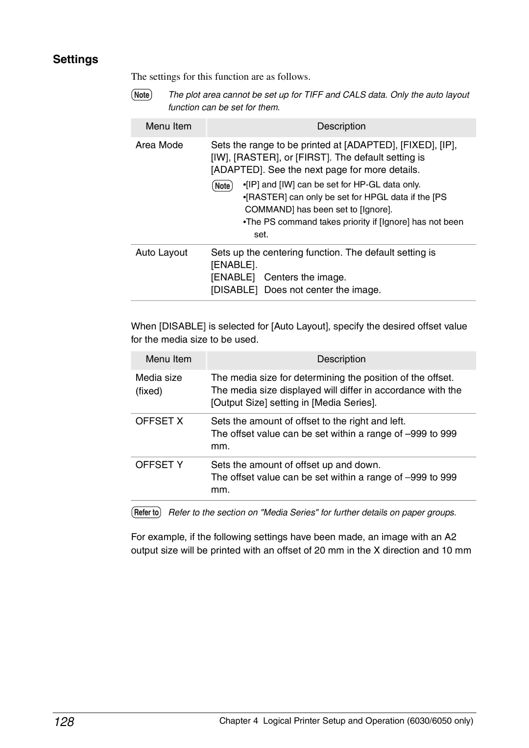 Xerox 6050A, 6030 manual 128, Enable, Disable, Offset Y 