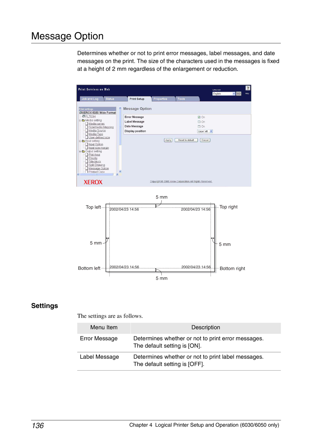 Xerox 6030, 6050A manual Message Option, 136 