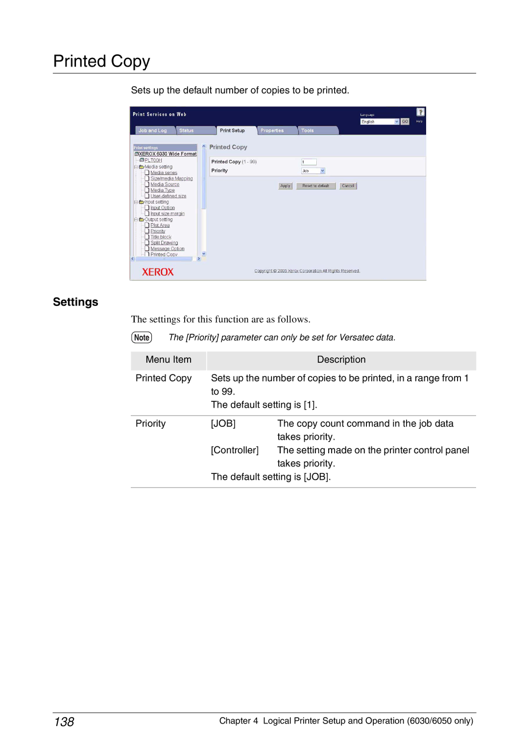 Xerox 6050A Printed Copy, 138, Sets up the default number of copies to be printed, Copy count command in the job data 