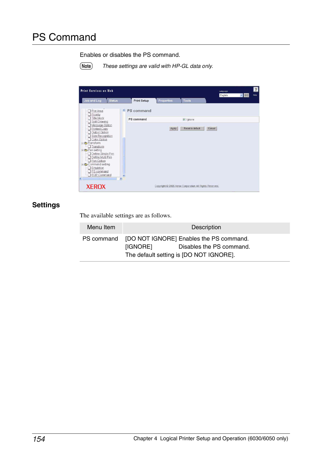 Xerox 6030, 6050A manual PS Command, 154, Enables or disables the PS command 