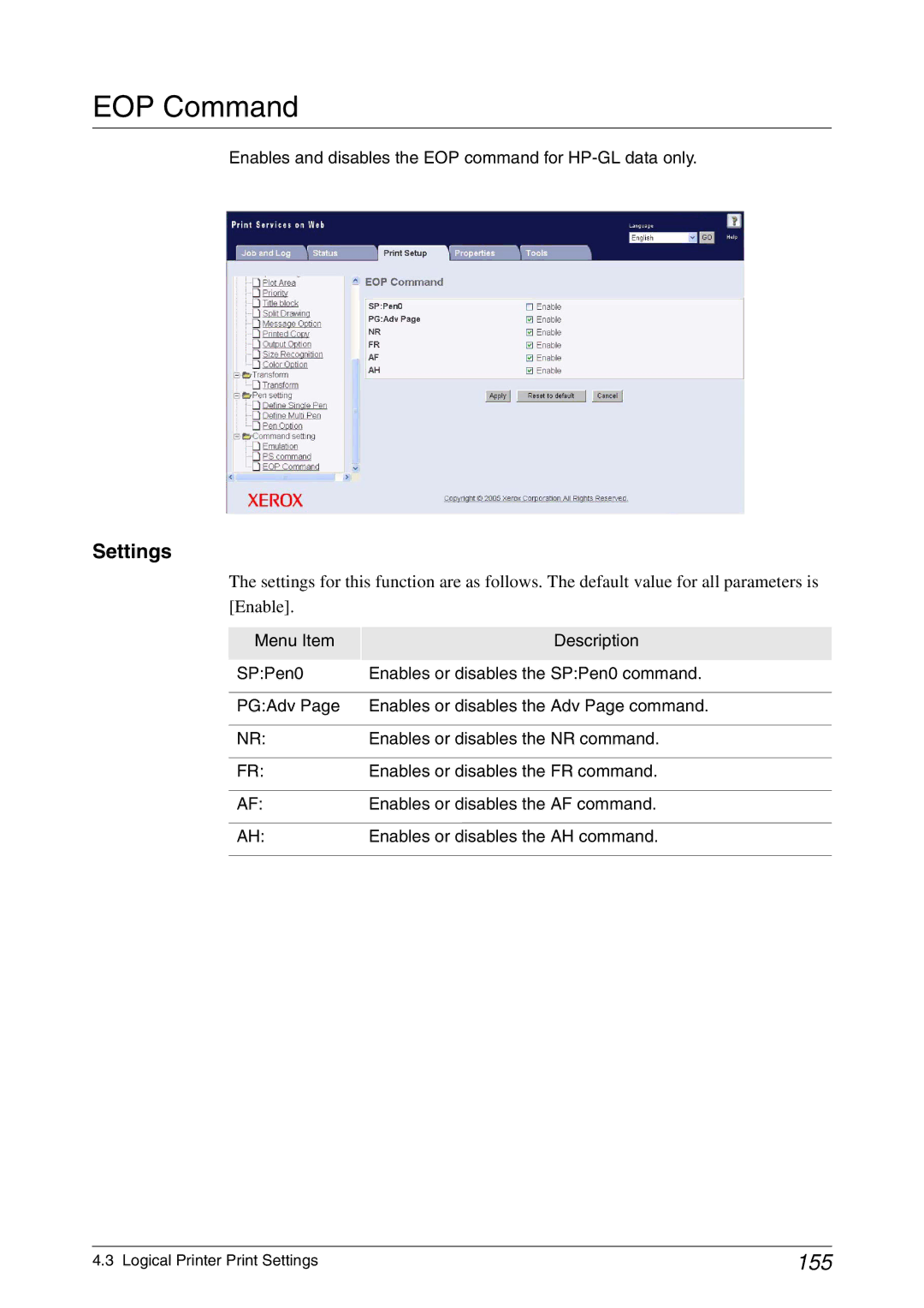 Xerox 6050A, 6030 manual EOP Command, 155, Enables and disables the EOP command for HP-GL data only 